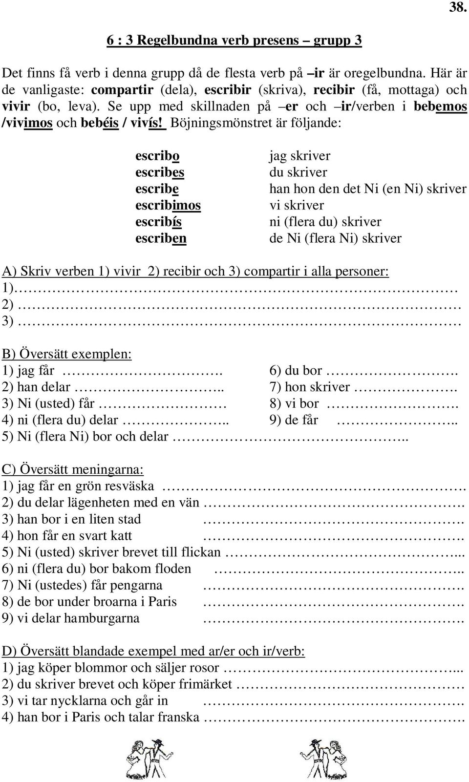 Böjningsmönstret är följande: escribo escribes escribe escribimos escribís escriben jag skriver du skriver han hon den det Ni (en Ni) skriver vi skriver ni (flera du) skriver de Ni (flera Ni) skriver