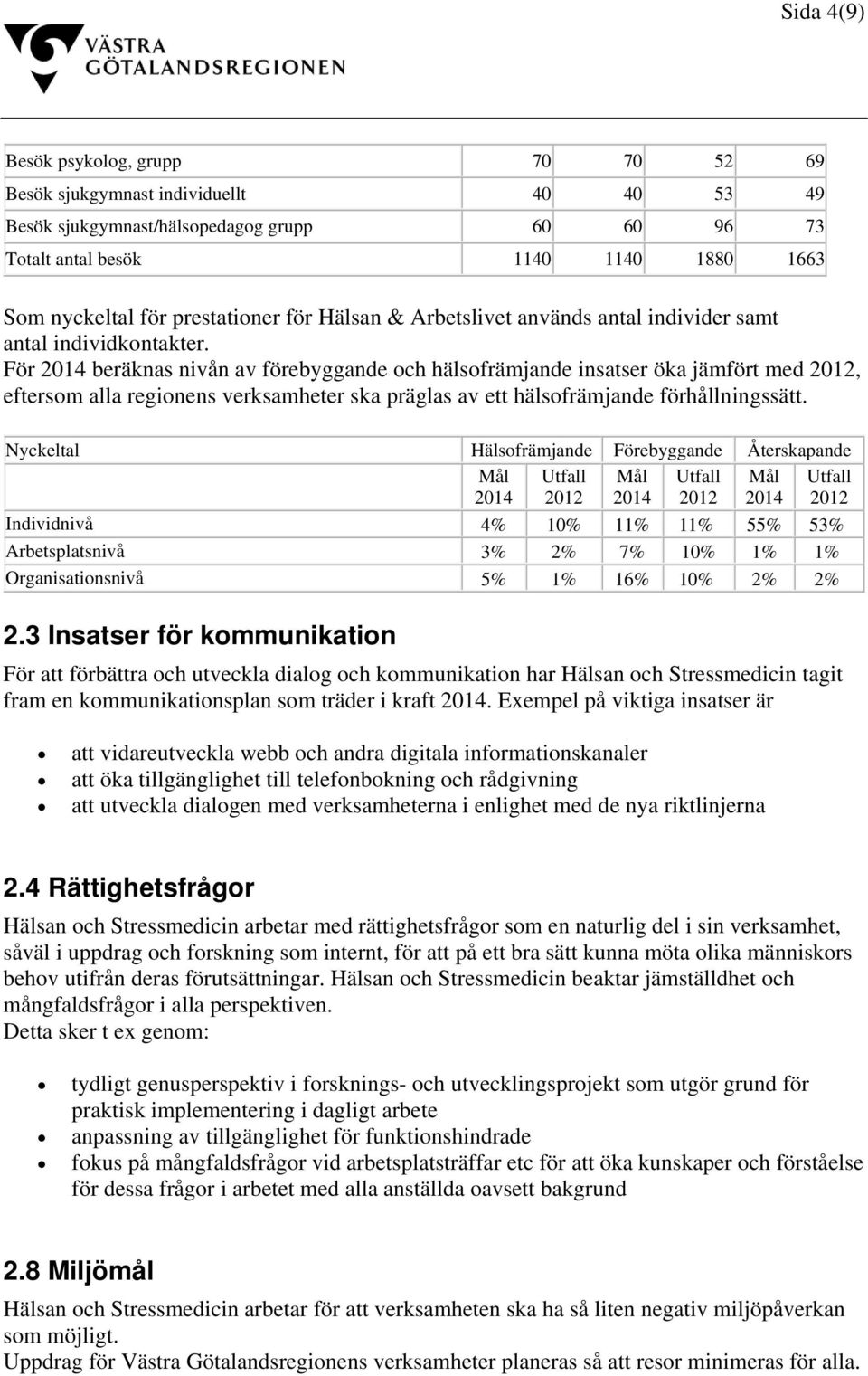 För 2014 beräknas nivån av förebyggande och hälsofrämjande insatser öka jämfört med 2012, eftersom alla regionens verksamheter ska präglas av ett hälsofrämjande förhållningssätt.