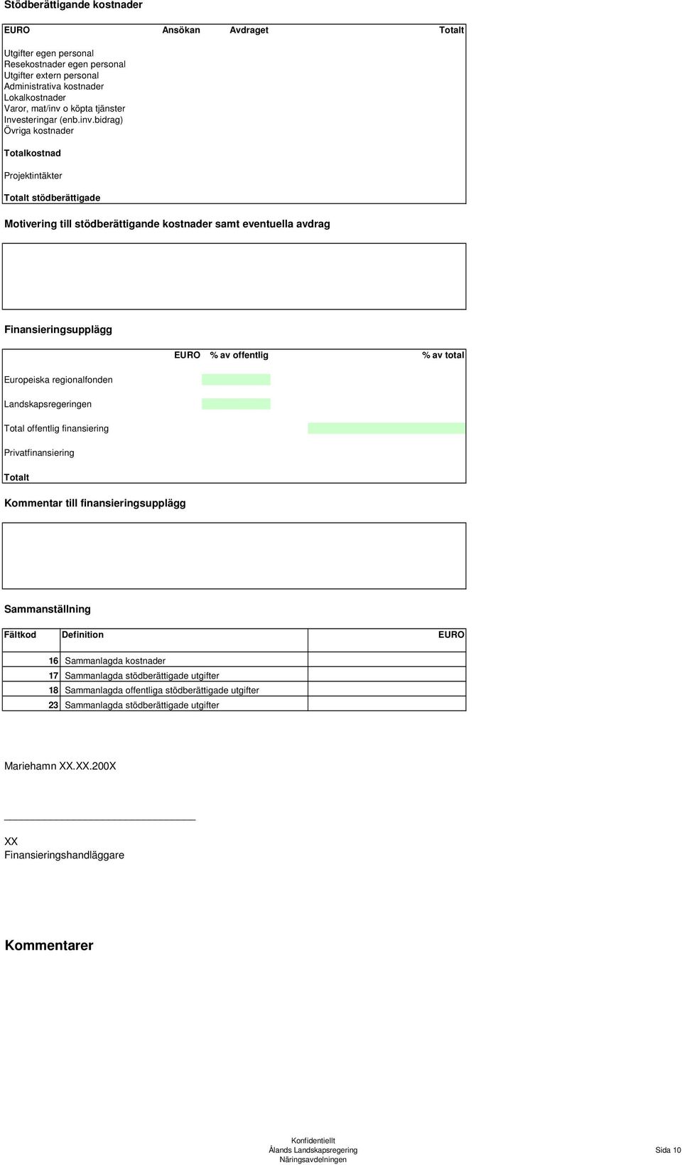 bidrag) Övriga kostnader Totalkostnad Projektintäkter Totalt stödberättigade Motivering till stödberättigande kostnader samt eventuella avdrag Finansieringsupplägg EURO % av offentlig % av total