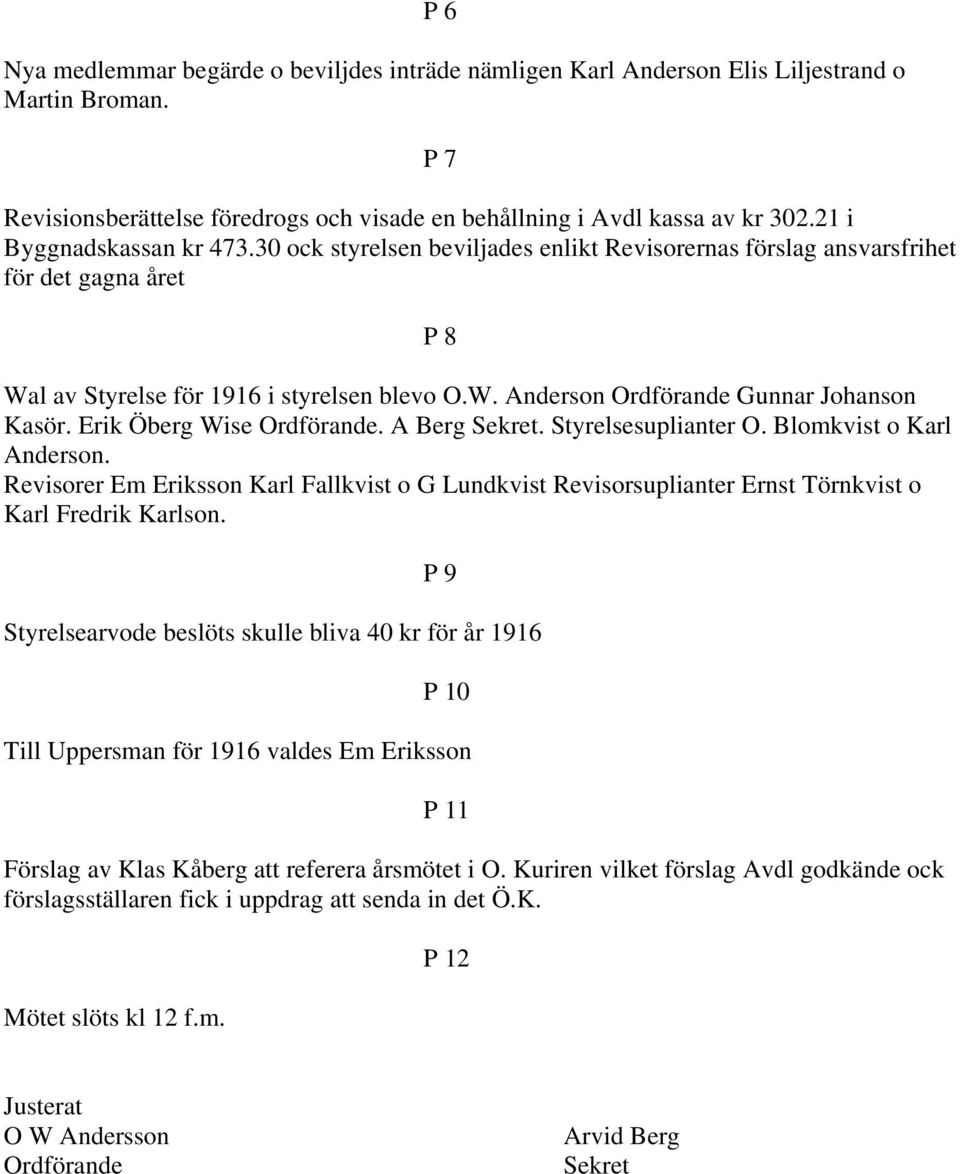 Erik Öberg Wise. A Berg Sekret. Styrelsesuplianter O. Blomkvist o Karl Anderson. Revisorer Em Eriksson Karl Fallkvist o G Lundkvist Revisorsuplianter Ernst Törnkvist o Karl Fredrik Karlson.