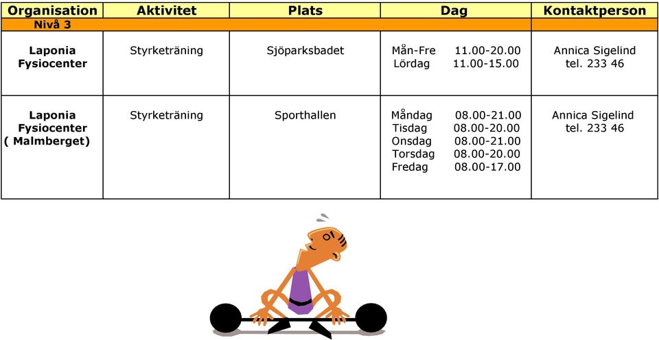 233 46 Laponia Styrketräning Sporthallen Måndag 08.00-21.