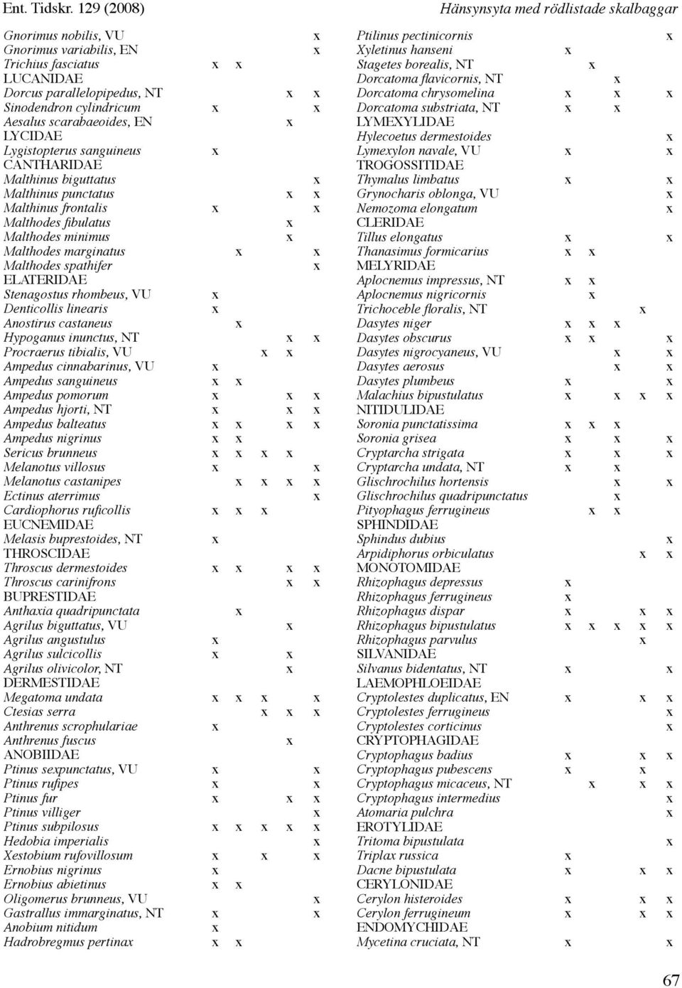 CANTHARIDAE Malthinus biguttatus Malthinus punctatus Malthinus frontalis Malthodes fibulatus Malthodes minimus Malthodes marginatus Malthodes spathifer ELATERIDAE Stenagostus rhombeus, VU Denticollis