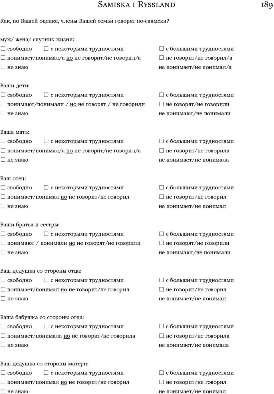 понимал/а Ваши дети: свободно с некоторыми трудностями с большими трудностями понимают/понимали / но не говорят / не говорили не говорят/не говорили не знаю не понимают/не понимали Ваша мать: