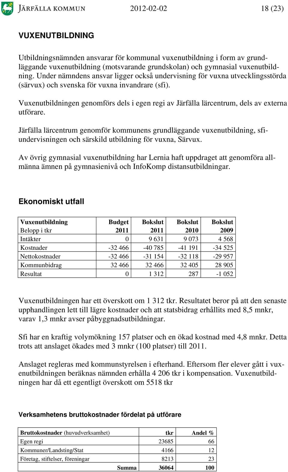 Vuxenutbildningen genomförs dels i egen regi av Järfälla lärcentrum, dels av externa utförare.