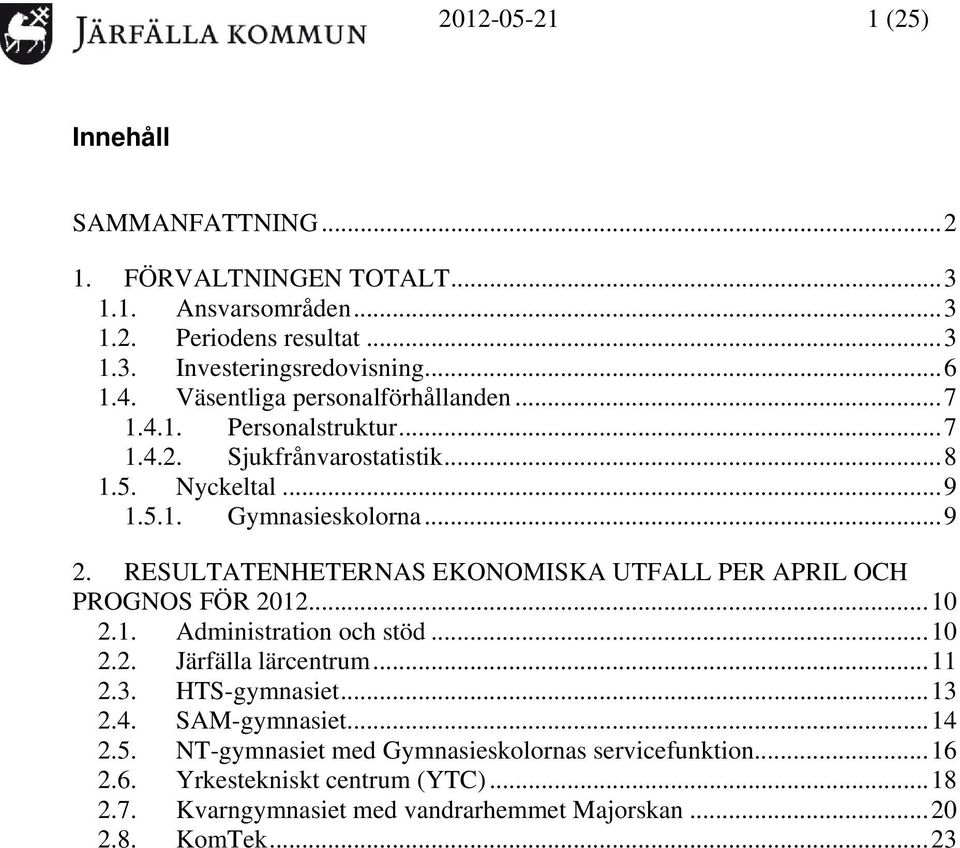 RESULTATENHETERNAS EKONOMISKA UTFALL PER APRIL OCH PROGNOS FÖR 2012...10 2.1. Administration och stöd...10 2.2. Järfälla lärcentrum...11 2.3. HTS-gymnasiet...13 2.4.