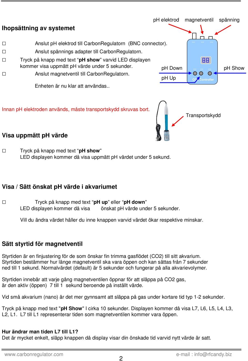 . ph Down ph Up CO2 Controller ph Show Innan ph elektroden används, måste transportskydd skruvas bort.