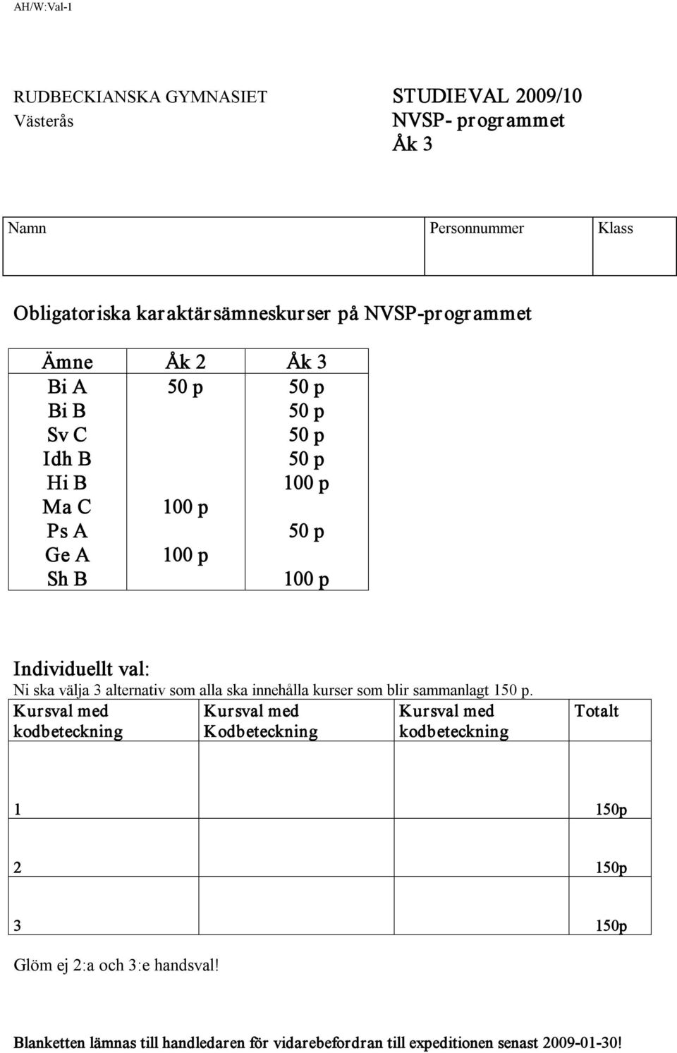 alternativ som alla ska innehålla kurser som blir sammanlagt 1.