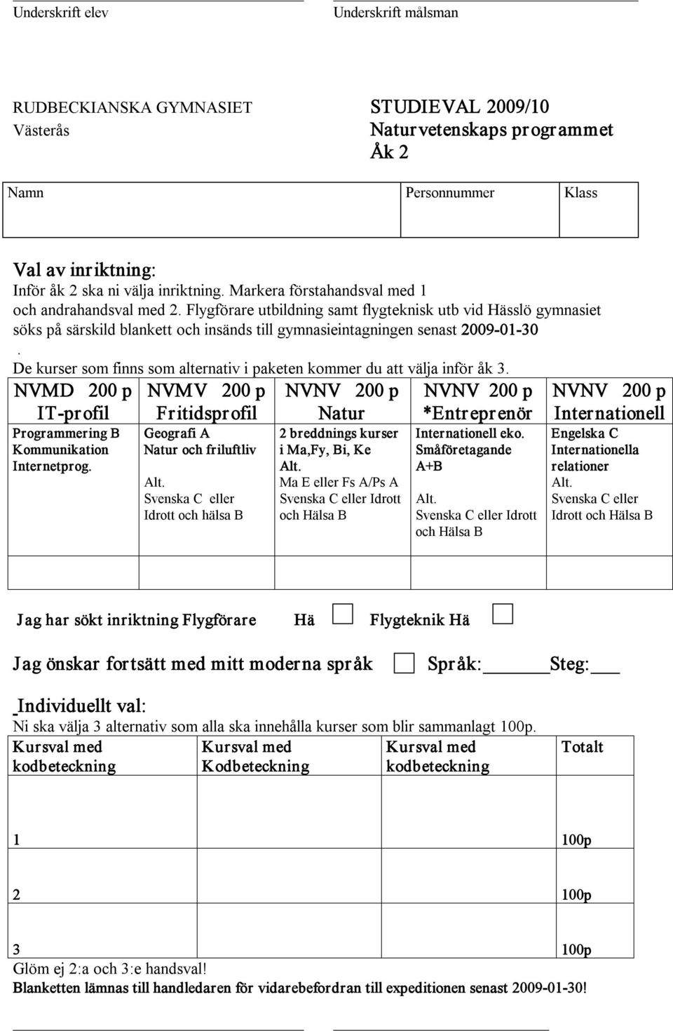 De kurser som finns som alternativ i paketen kommer du att välja inför åk 3.