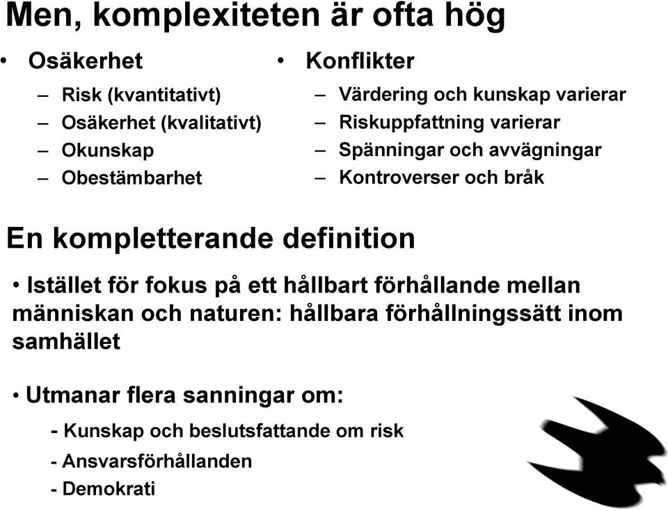 En kompletterande definition Istället för fokus på ett hållbart förhållande mellan människan och naturen: hållbara