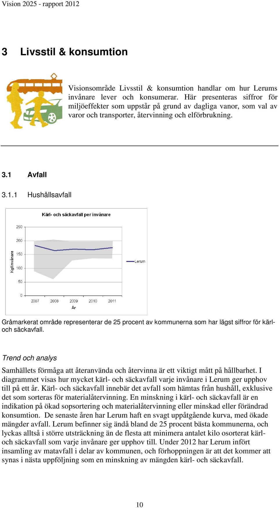 Avfall 3.1.1 Hushållsavfall Gråmarkerat område representerar de 25 procent av kommunerna som har lägst siffror för kärloch säckavfall.