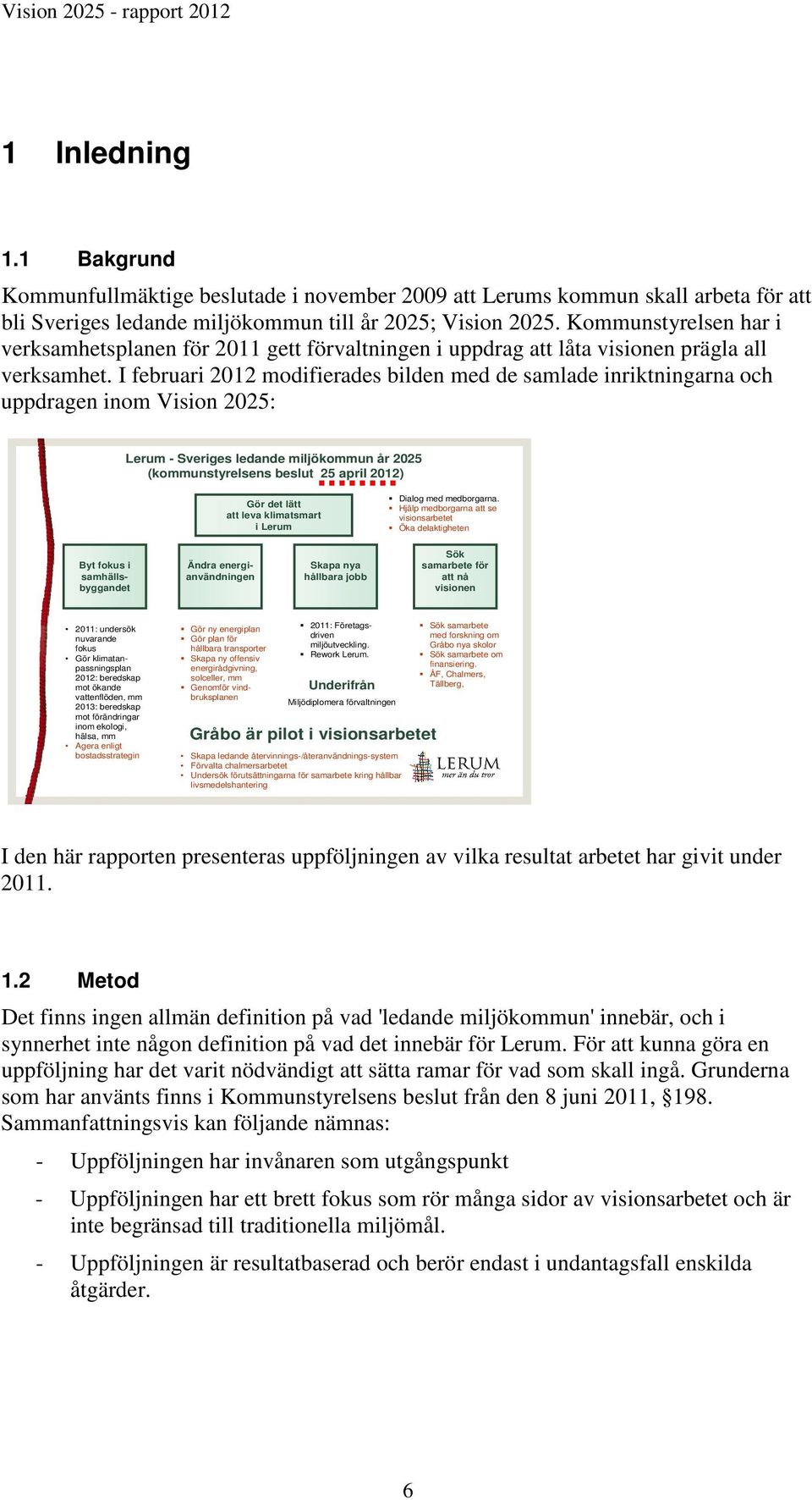 I februari 2012 modifierades bilden med de samlade inriktningarna och uppdragen inom Vision 2025: Lerum - Sveriges ledande miljökommun år 2025 (kommunstyrelsens beslut 25 april 2012) Gör det lätt att