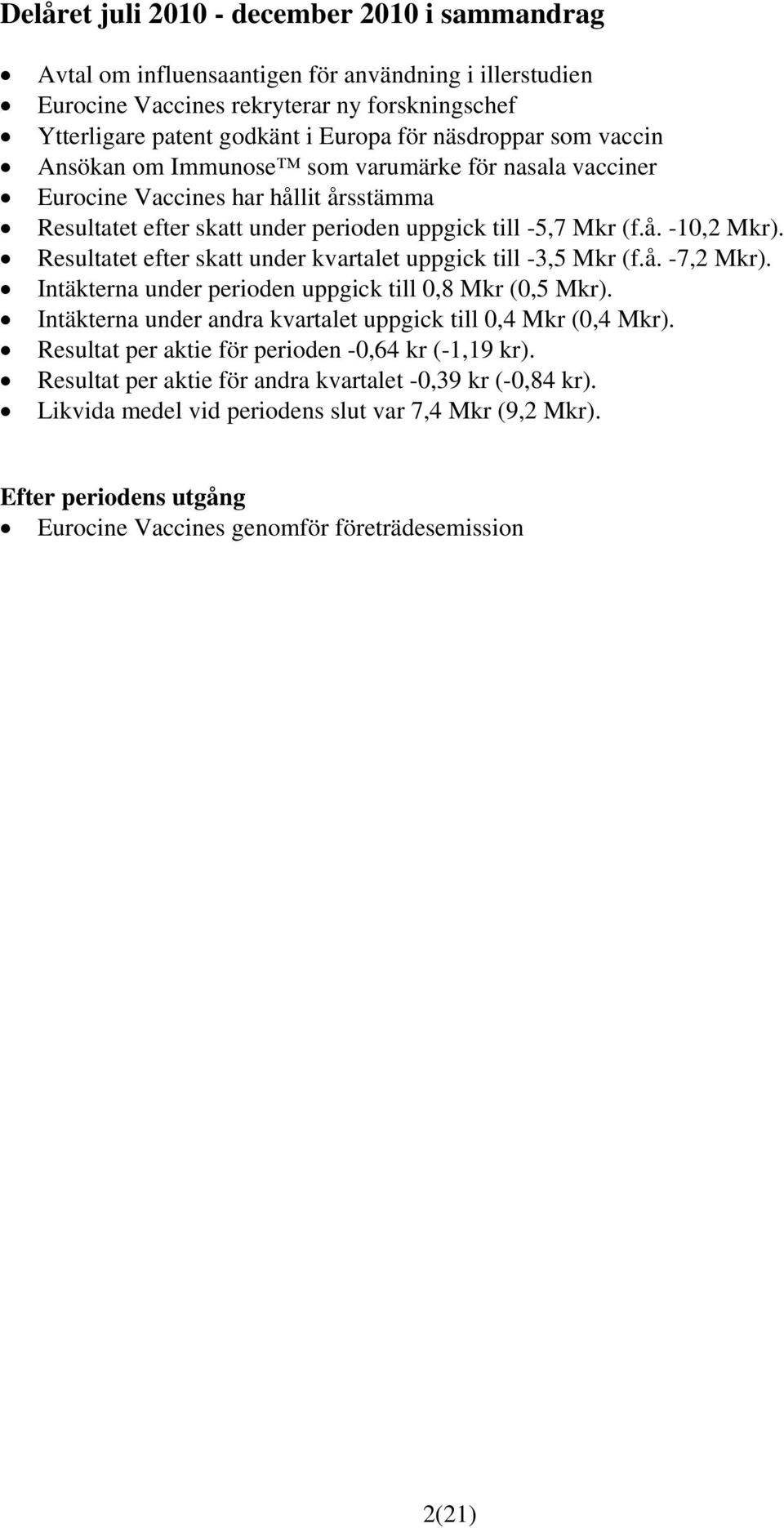 Resultatet efter skatt under kvartalet uppgick till -3,5 Mkr (f.å. -7,2 Mkr). Intäkterna under perioden uppgick till 0,8 Mkr (0,5 Mkr). Intäkterna under andra kvartalet uppgick till 0,4 Mkr (0,4 Mkr).