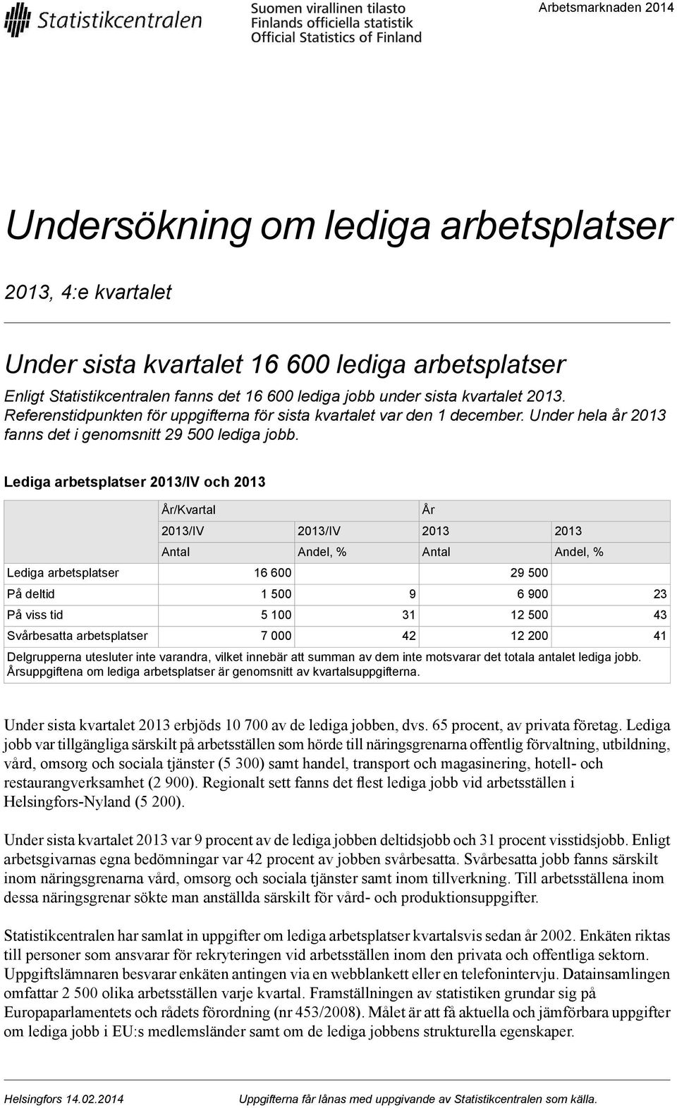 Lediga arbetsplatser och 2013 Lediga arbetsplatser På deltid På viss tid Svårbesatta arbetsplatser Antal 1 500 5 100 7 000 Andel, % 9 31 42 År 2013 Antal 29 500 6 900 12 500 12 200 2013 Andel, %