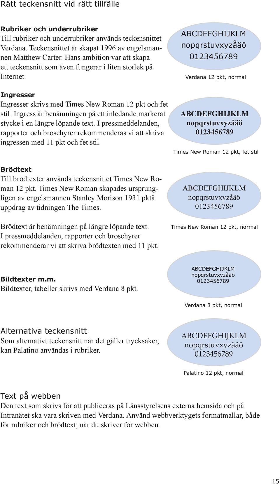 ABCDEFGHIJKLM nopqrstuvxyzåäö 0123456789 Verdana 12 pkt, normal Ingresser Ingresser skrivs med Times New Roman 12 pkt och fet stil.