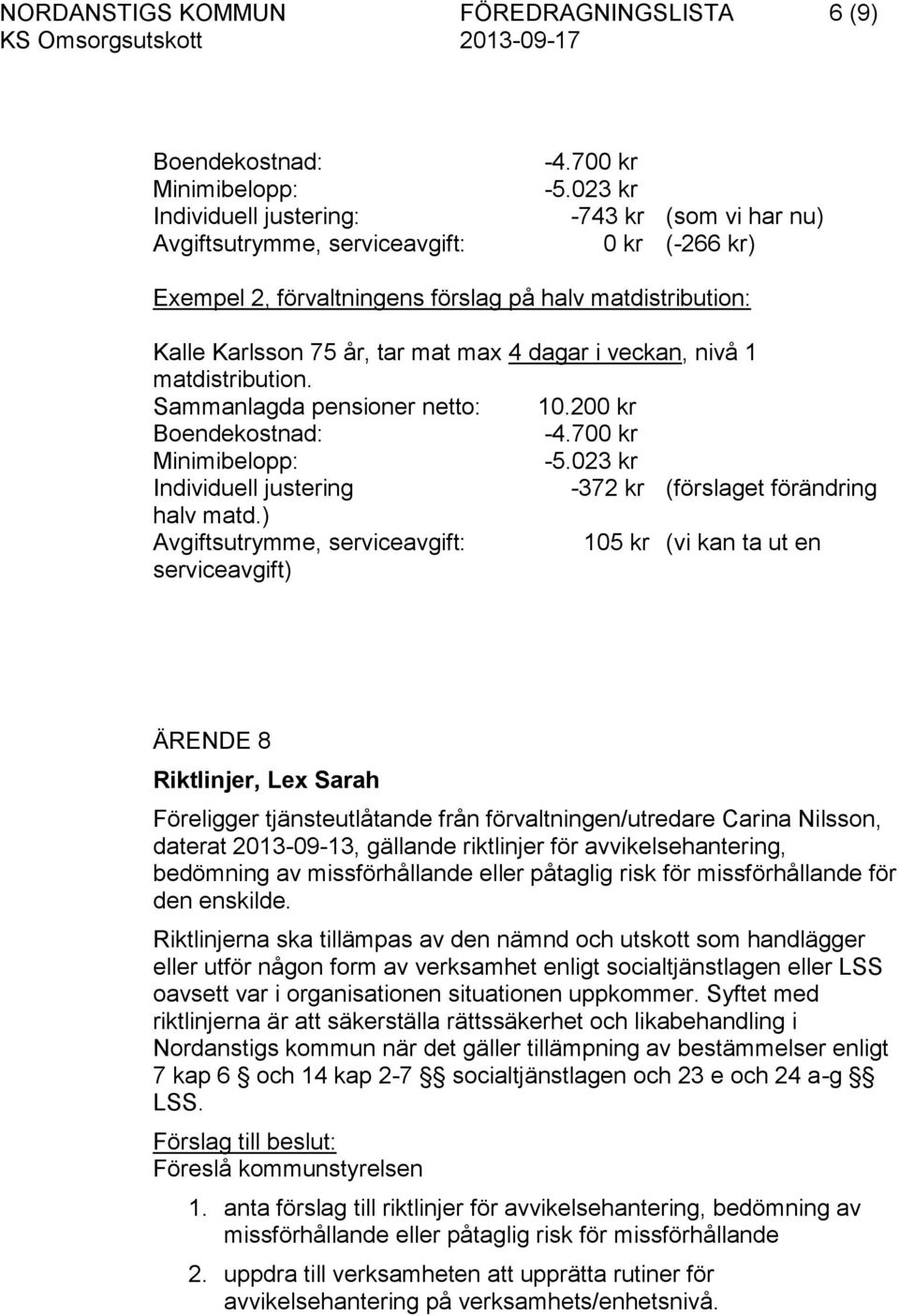 Sammanlagda pensioner netto: 10.200 kr Boendekostnad: -4.700 kr Minimibelopp: -5.023 kr Individuell justering -372 kr (förslaget förändring halv matd.