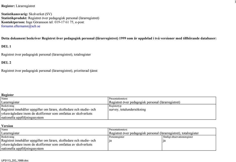 se Detta dokument beskriver Registret över pedagogisk personal (lärarregistret) 1999 som är uppdelad i två versioner med tillhörande databaser: DEL 1 Registret över pedagogisk personal