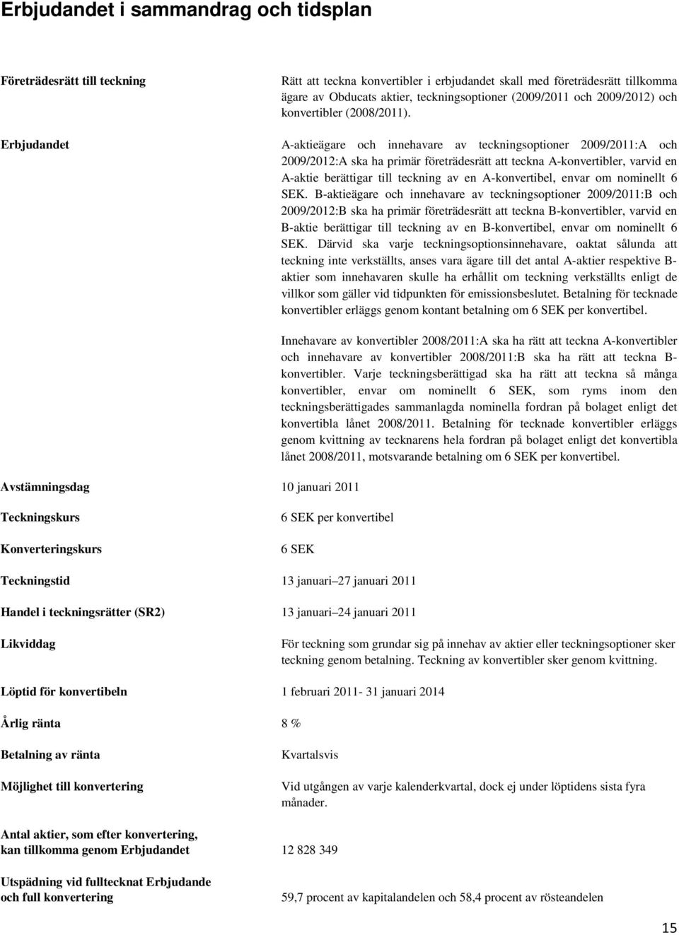 A-aktieägare och innehavare av teckningsoptioner 2009/2011:A och 2009/2012:A ska ha primär företrädesrätt att teckna A-konvertibler, varvid en A-aktie berättigar till teckning av en A-konvertibel,