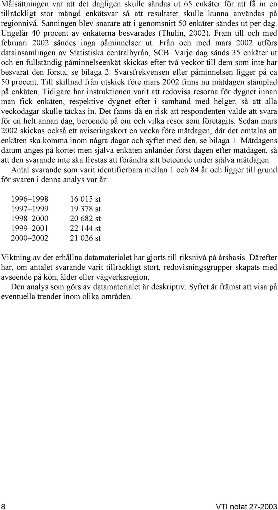 Från och med mars 2002 utförs datainsamlingen av Statistiska centralbyrån, SCB.