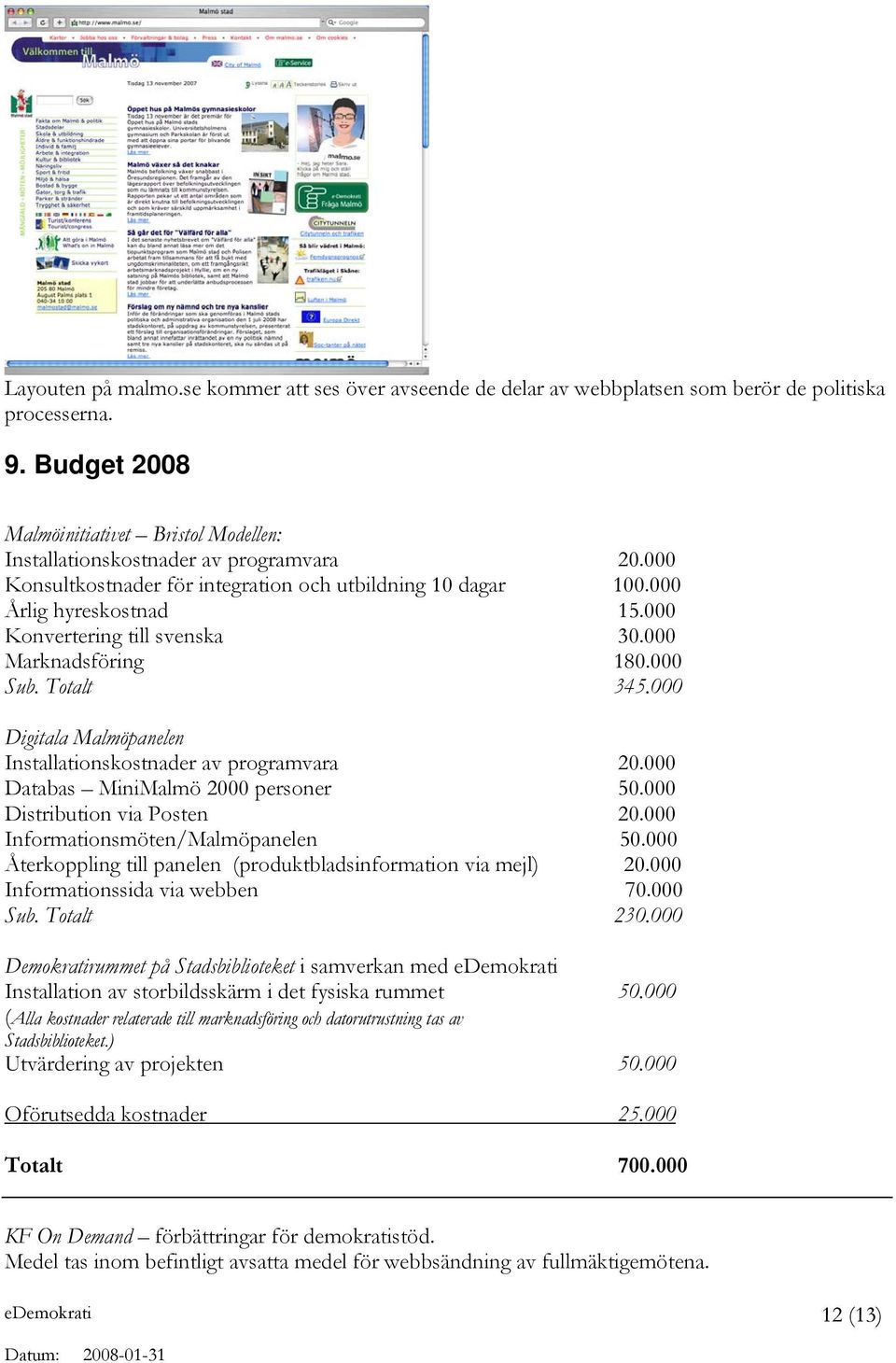 000 Konvertering till svenska 30.000 Marknadsföring 180.000 Sub. Totalt 345.000 Digitala Malmöpanelen Installationskostnader av programvara 20.000 Databas MiniMalmö 2000 personer 50.