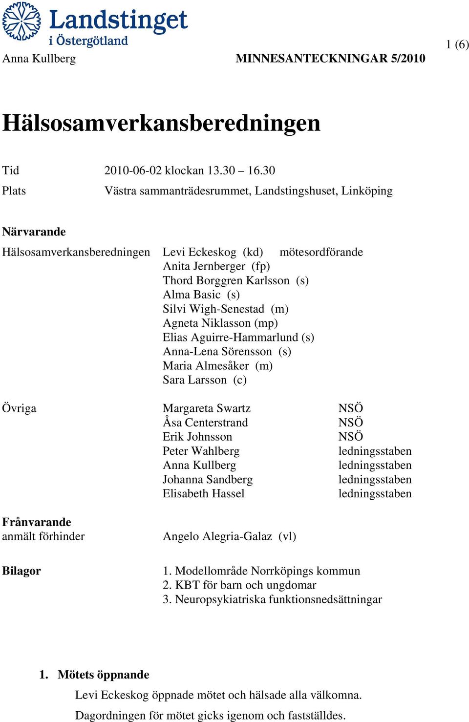 (s) Silvi Wigh-Senestad (m) Agneta Niklasson (mp) Elias Aguirre-Hammarlund (s) Anna-Lena Sörensson (s) Maria Almesåker (m) Sara Larsson (c) Övriga Margareta Swartz NSÖ Åsa Centerstrand NSÖ Erik