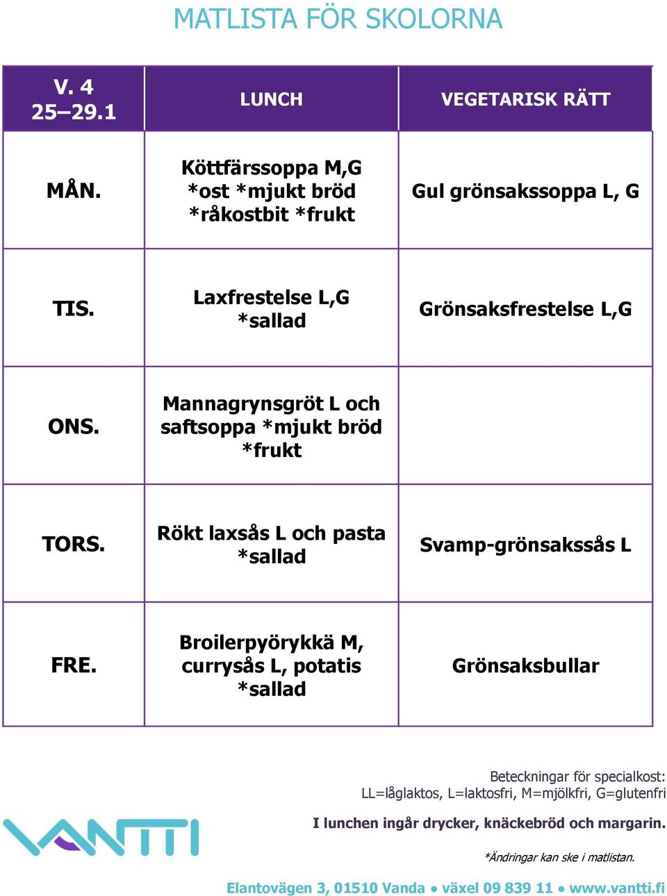 Laxfrestelse L,G Grönsaksfrestelse L,G Mannagrynsgröt L och