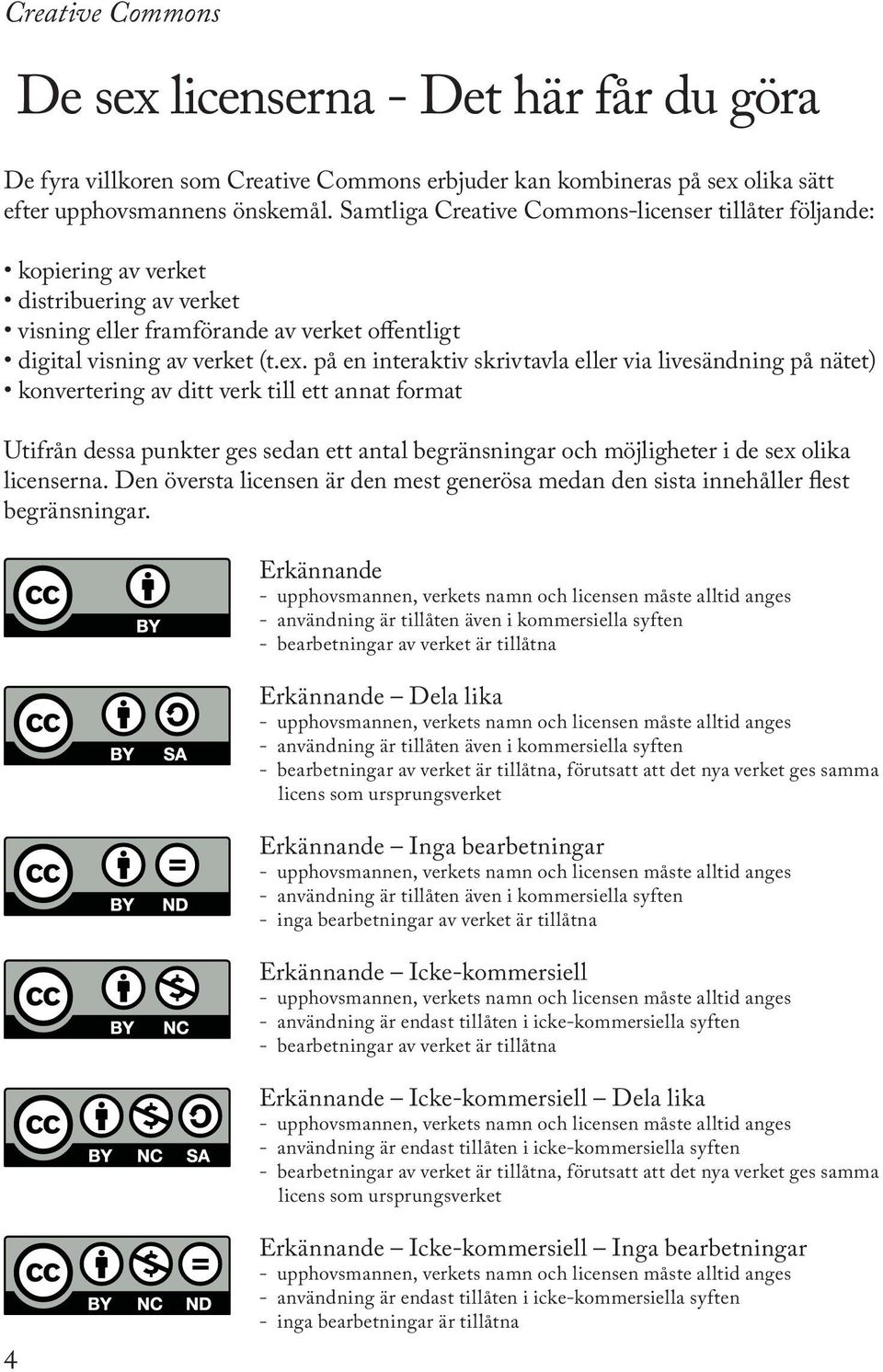 på en interaktiv skrivtavla eller via livesändning på nätet) konvertering av ditt verk till ett annat format Utifrån dessa punkter ges sedan ett antal begränsningar och möjligheter i de sex olika