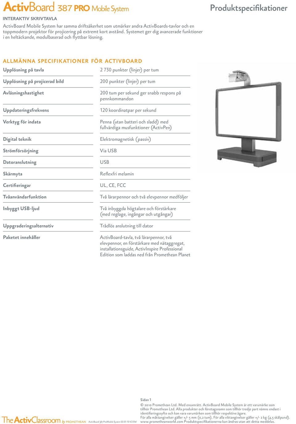 allmänna specifik ationer för activboard Upplösning på tavla Upplösning på projicerad bild Avläsningshastighet Uppdateringsfrekvens Verktyg för indata Digital teknik Datoranslutning Skärmyta