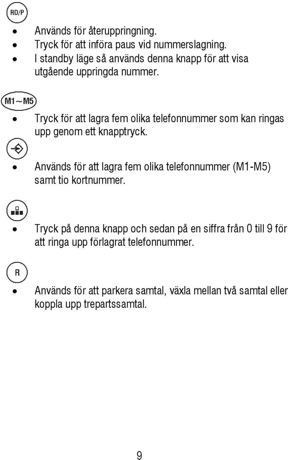 Tryck för att lagra fem olika telefonnummer som kan ringas upp genom ett knapptryck.