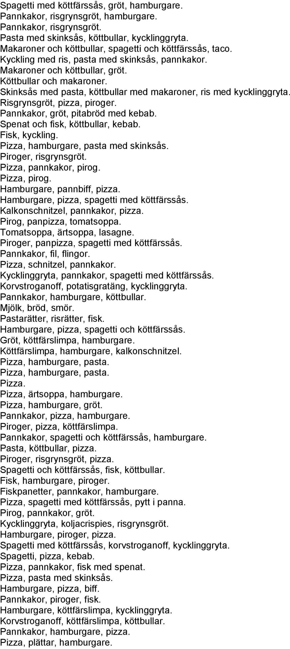 Skinksås med pasta, köttbullar med makaroner, ris med kycklinggryta. Risgrynsgröt, pizza, piroger. Pannkakor, gröt, pitabröd med kebab. Spenat och fisk, köttbullar, kebab. Fisk, kyckling.