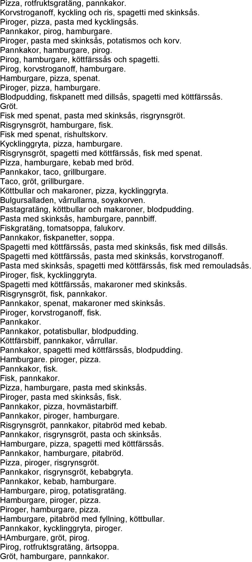 Piroger, pizza, hamburgare. Blodpudding, fiskpanett med dillsås, spagetti med köttfärssås. Gröt. Fisk med spenat, pasta med skinksås, risgrynsgröt. Risgrynsgröt, hamburgare, fisk.