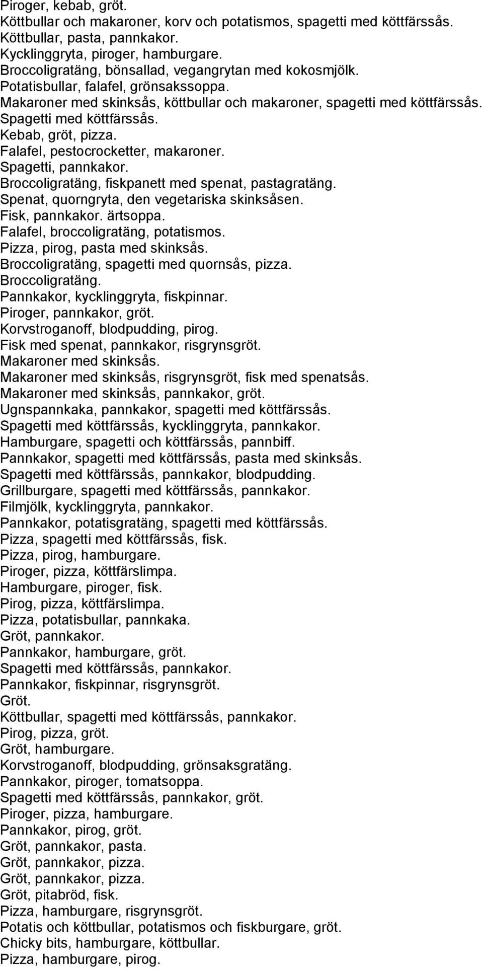 Kebab, gröt, pizza. Falafel, pestocrocketter, makaroner. Spagetti, pannkakor. Broccoligratäng, fiskpanett med spenat, pastagratäng. Spenat, quorngryta, den vegetariska skinksåsen. Fisk, pannkakor.