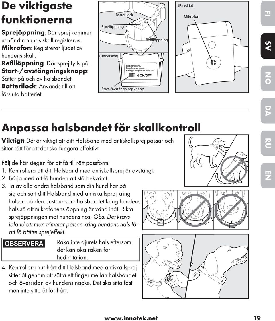 Sprejöppning (Undersida) Batterilock Start-/avstängningsknapp Anpassa halsbandet för skallkontroll Viktigt: Det är viktigt att ditt Halsband med antiskallsprej passar och sitter rätt för att det ska