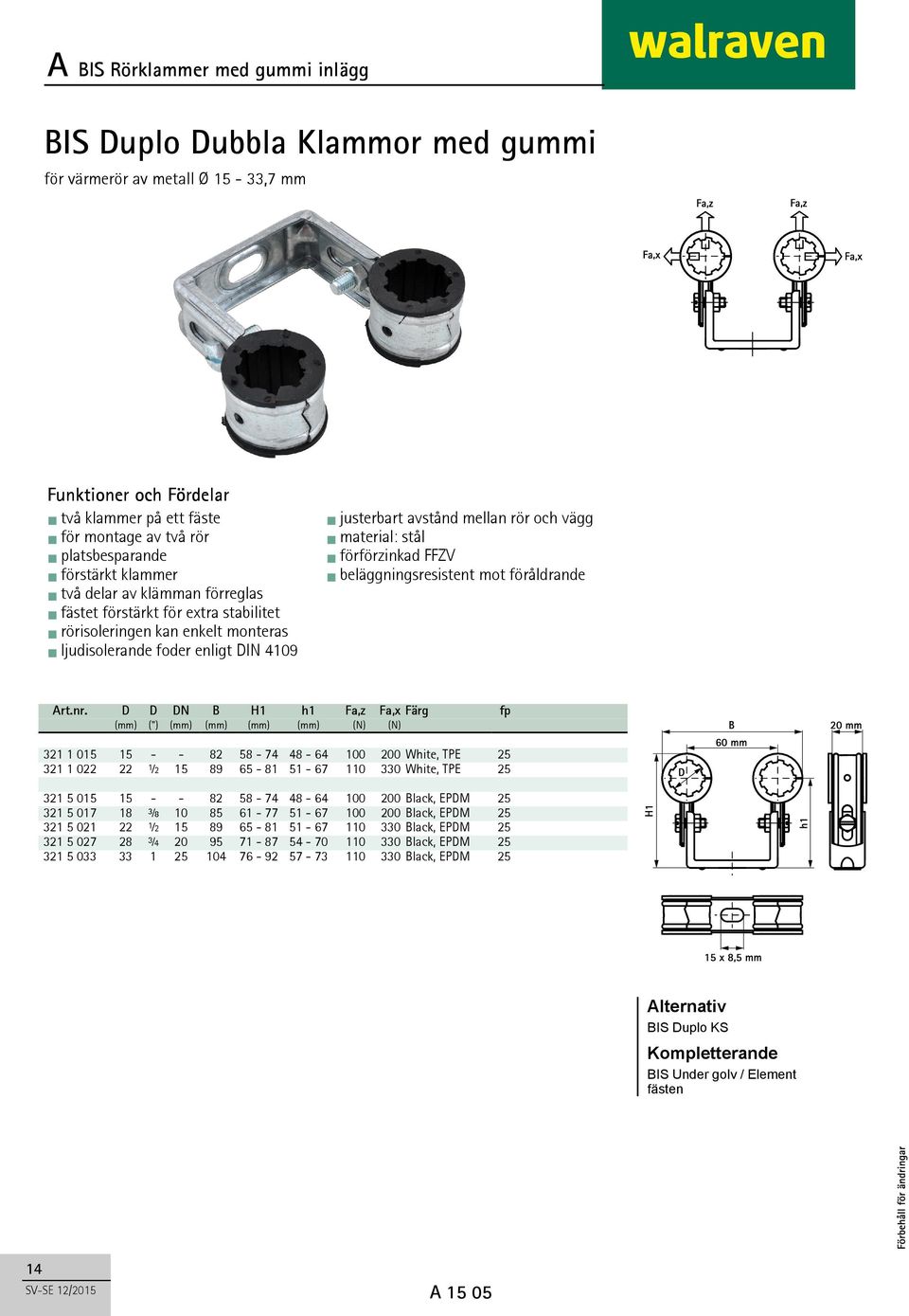 D D DN B H1 h1 Fa,z Fa,x Färg fp (mm) (") (mm) (mm) (mm) (mm) (N) (N) 321 1 015 15 - - 82 58-74 48-64 100 200 White, TPE 25 321 1 022 22 ½ 15 89 65-81 51-67 110 330 White, TPE 25 321 5 015 15 - - 82