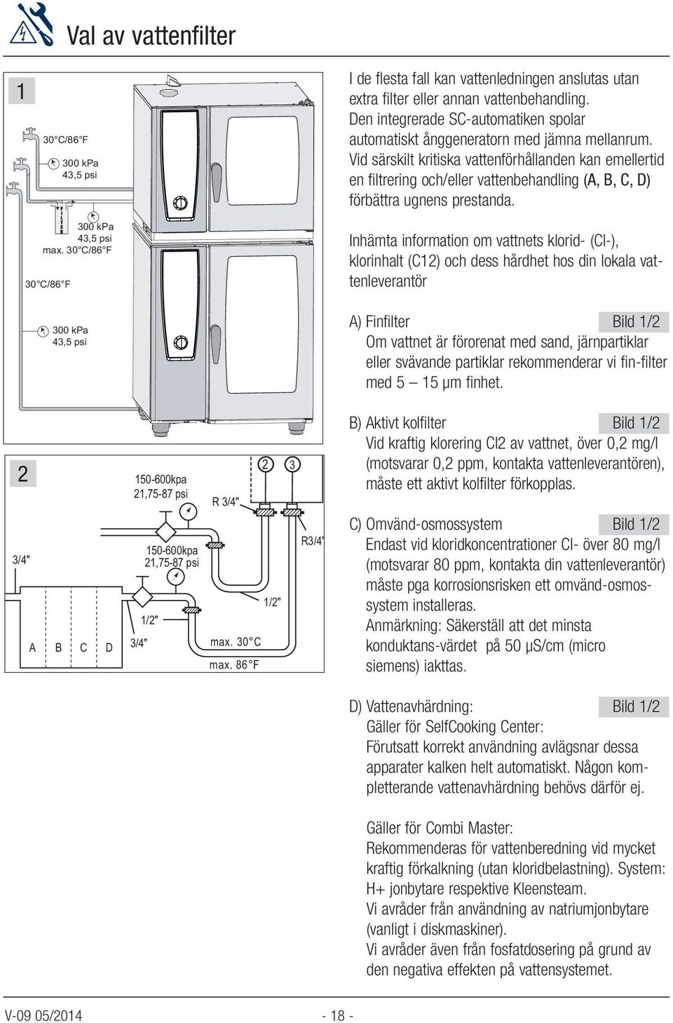 Vid särskilt kritiska vattenförhållanden kan emellertid en filtrering och/eller vattenbehandling (A, B, C, D) förbättra ugnens prestanda. /4" T E 00 kpa R 4,5 psi max.