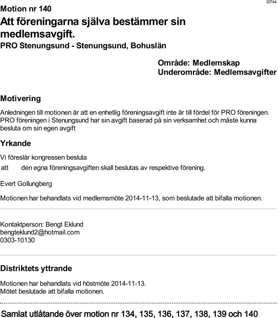 PRO föreningen i Stenungsund har sin avgift baserad på sin verksamhet och måste kunna besluta om sin egen avgift att den egna föreningsavgiften skall beslutas av respektive