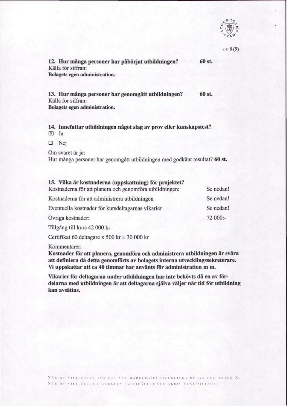 [EJ Ja D Nej Om svaret är ja: Hur många personer har genomgått utbildningen med godkänt resultat? 60 st. 15. Vilka är kostnaderna (uppskattning) för projektet?