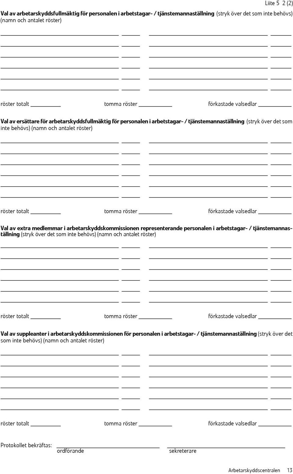 förkastade valsedlar Val av extra medlemmar i arbetarskyddskommissionen representerande personalen i arbetstagar- / tjänstemannaställning (stryk över det som inte behövs) (namn och antalet röster)