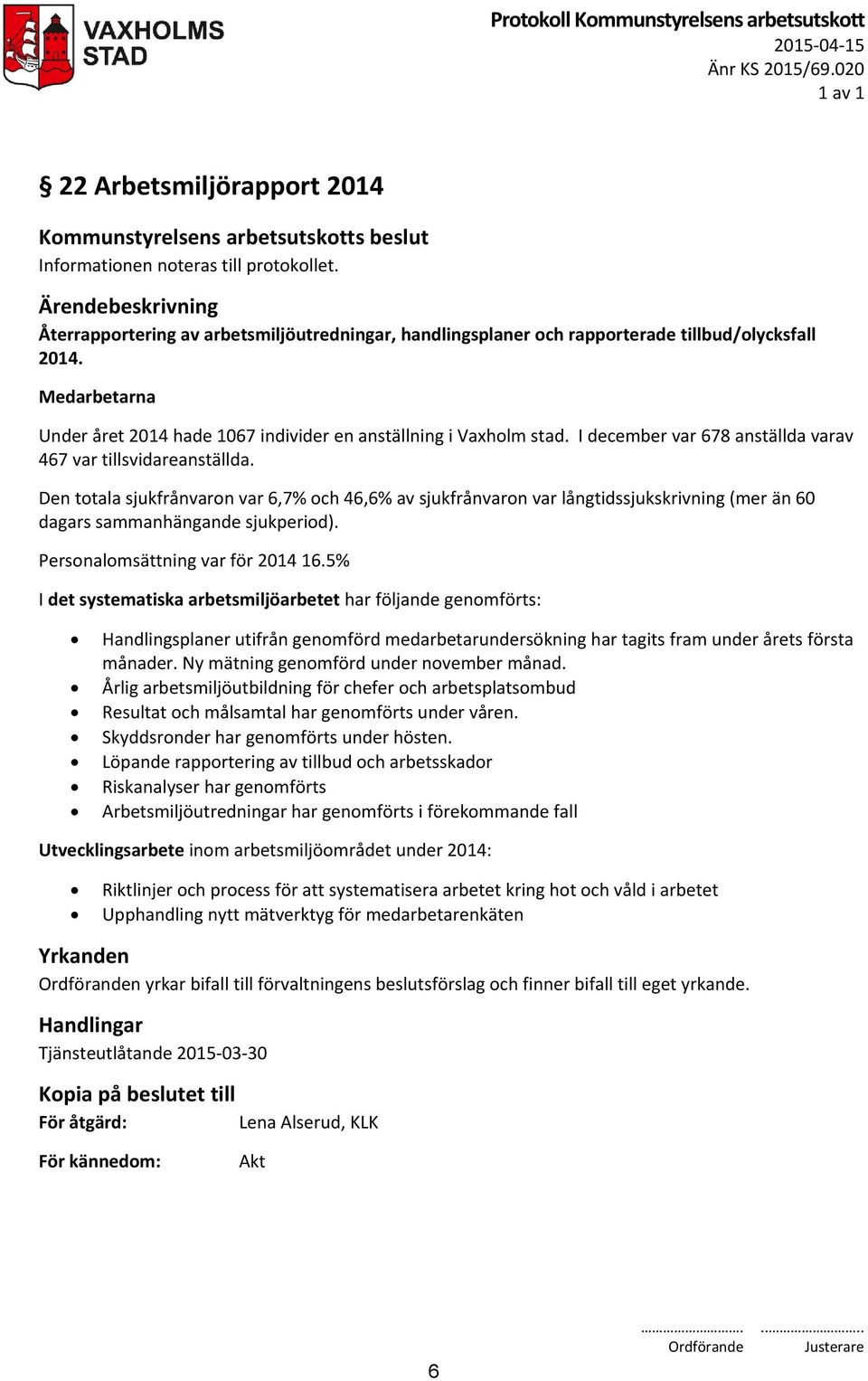 I december var 678 anställda varav 467 var tillsvidareanställda. Den totala sjukfrånvaron var 6,7% och 46,6% av sjukfrånvaron var långtidssjukskrivning (mer än 60 dagars sammanhängande sjukperiod).