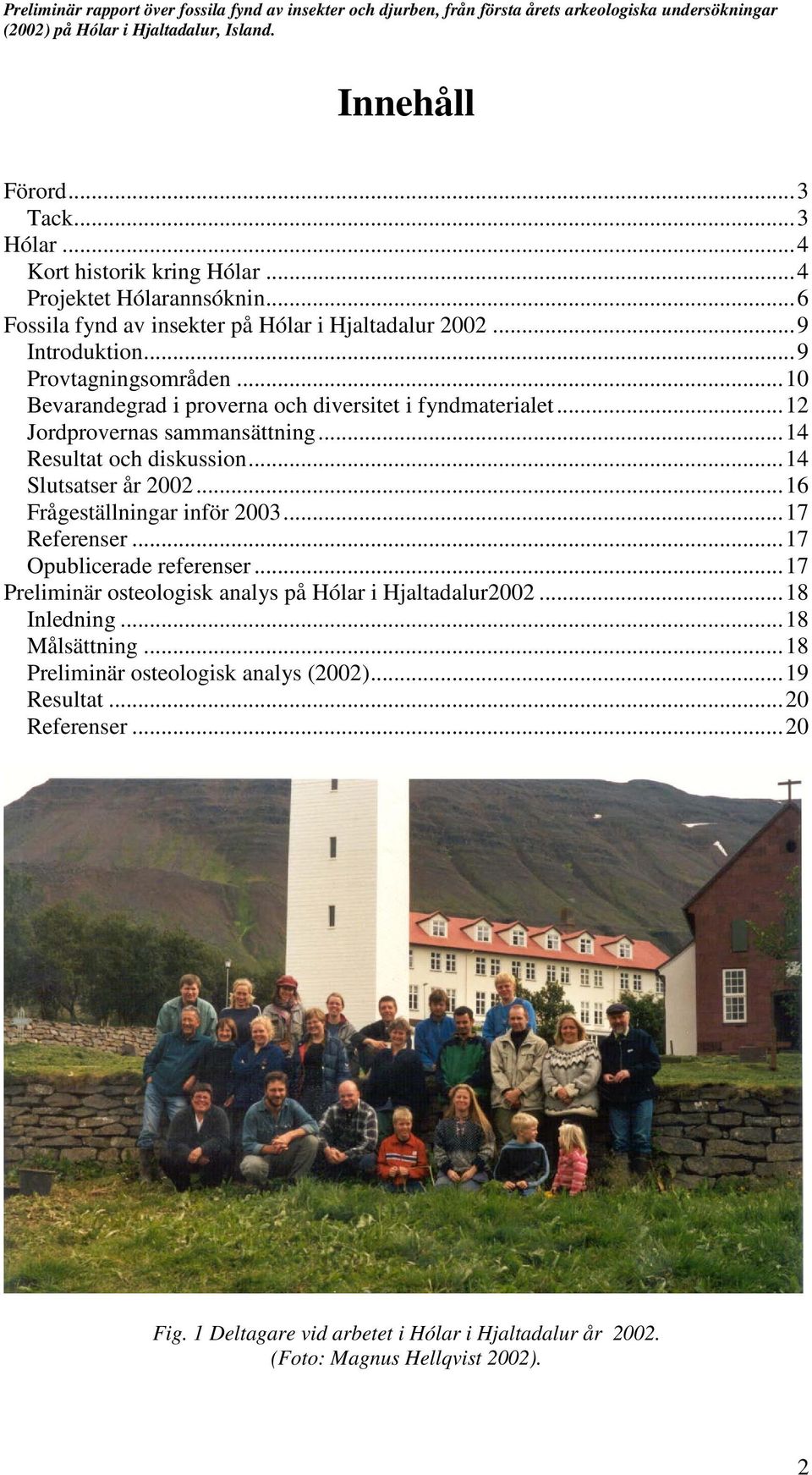 .. 16 Frågeställningar inför 2003... 17 Referenser... 17 Opublicerade referenser... 17 Preliminär osteologisk analys på Hólar i Hjaltadalur2002... 18 Inledning... 18 Målsättning.