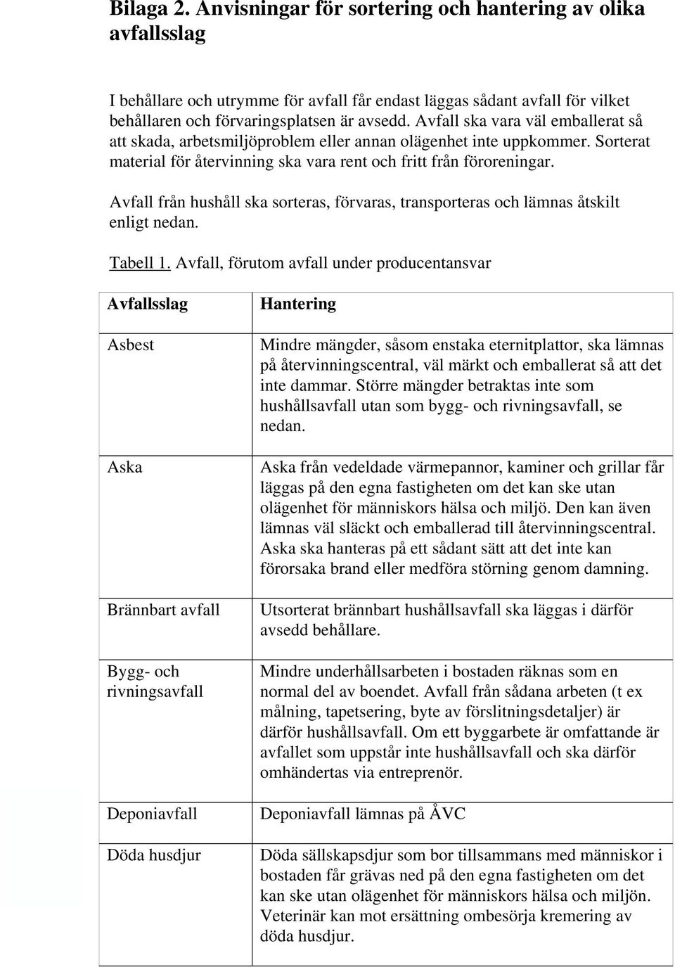 Avfall från hushåll ska sorteras, förvaras, transporteras och lämnas åtskilt enligt nedan. Tabell 1.