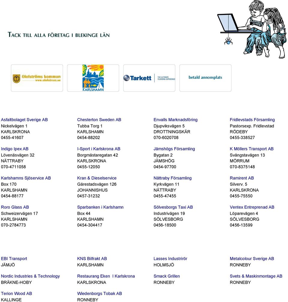 Fridlevstad RÖDEBY 0455-338527 Indigo Ipex AB I-Sport i Karlskrona AB Jämshögs Församling K Möllers Transport AB Lövenäsvägen 32 NÄTTRABY 070-4711058 Borgmästaregatan 42 KARLSKRONA 0455-12050 Bygatan
