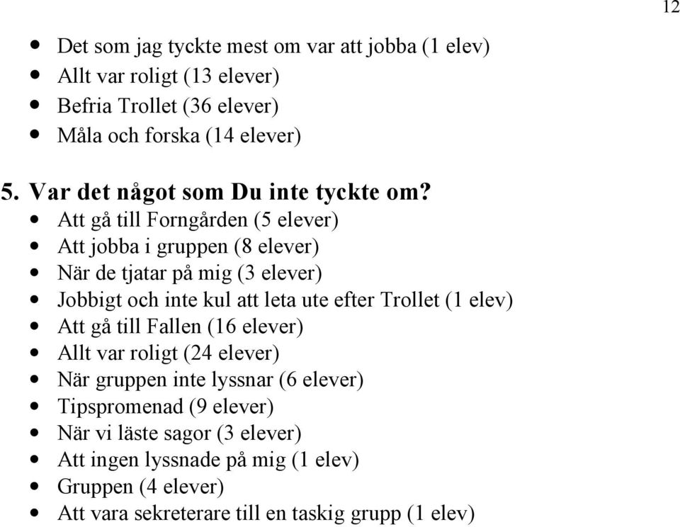 Att gå till Forngården (5 elever) Att jobba i gruppen (8 elever) När de tjatar på mig (3 elever) Jobbigt och inte kul att leta ute efter Trollet