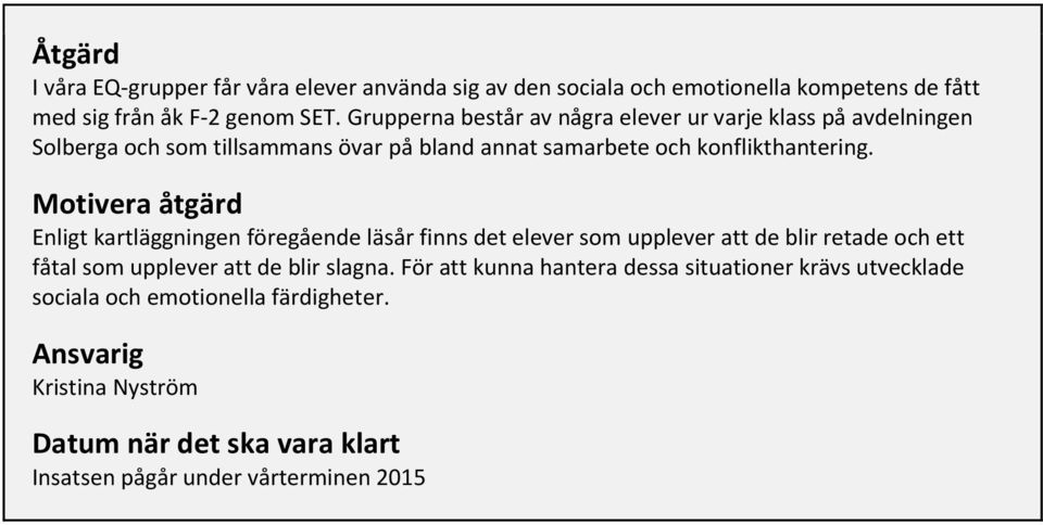 Motivera åtgärd Enligt kartläggningen föregående läsår finns det elever som upplever att de blir retade och ett fåtal som upplever att de blir slagna.