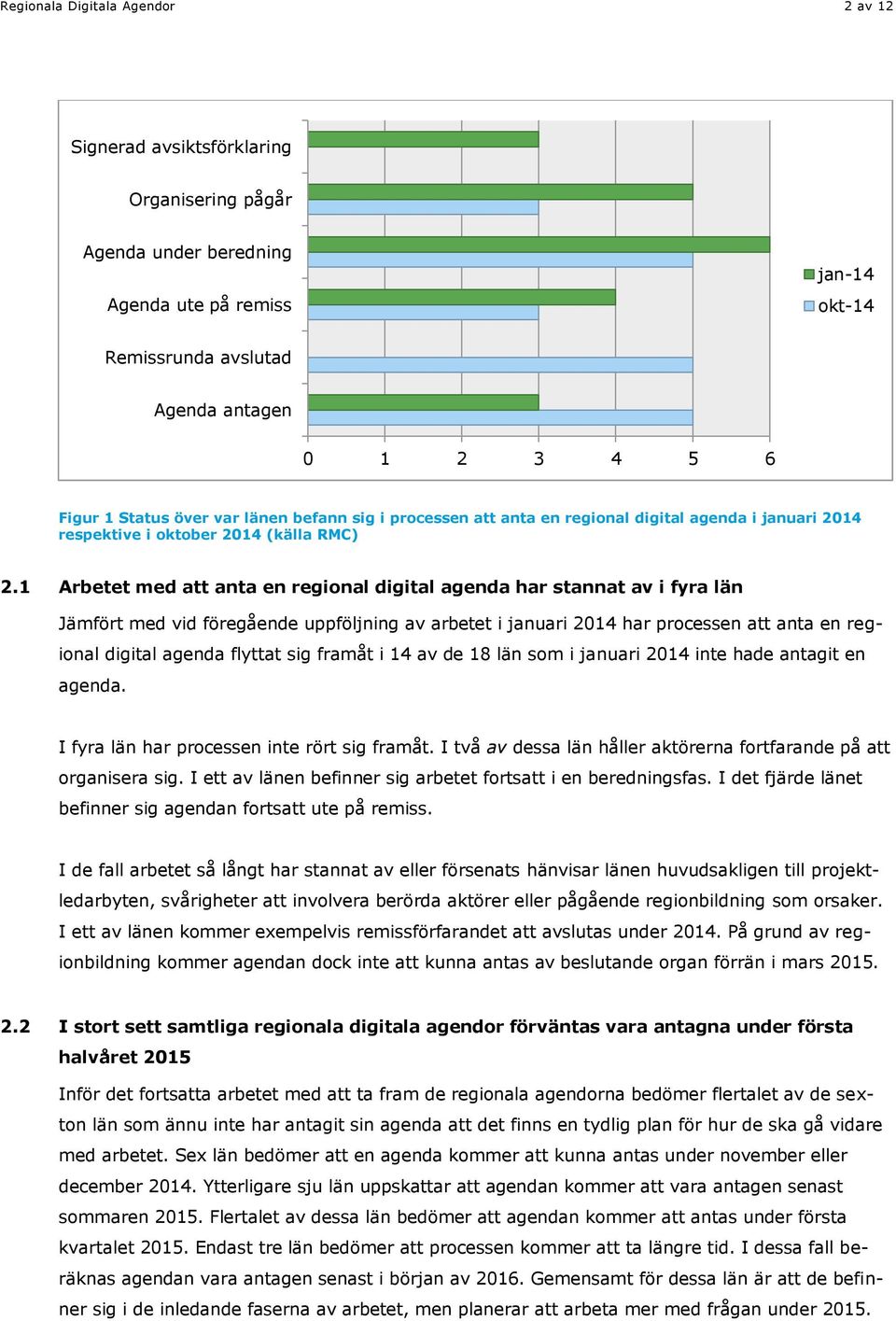 1 Arbetet med att anta en regional digital agenda har stannat av i fyra län Jämfört med vid föregående uppföljning av arbetet i januari 2014 har processen att anta en regional digital agenda flyttat