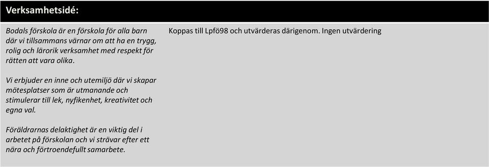 Ingen utvärdering Vi erbjuder en inne och utemiljö där vi skapar mötesplatser som är utmanande och stimulerar till lek,