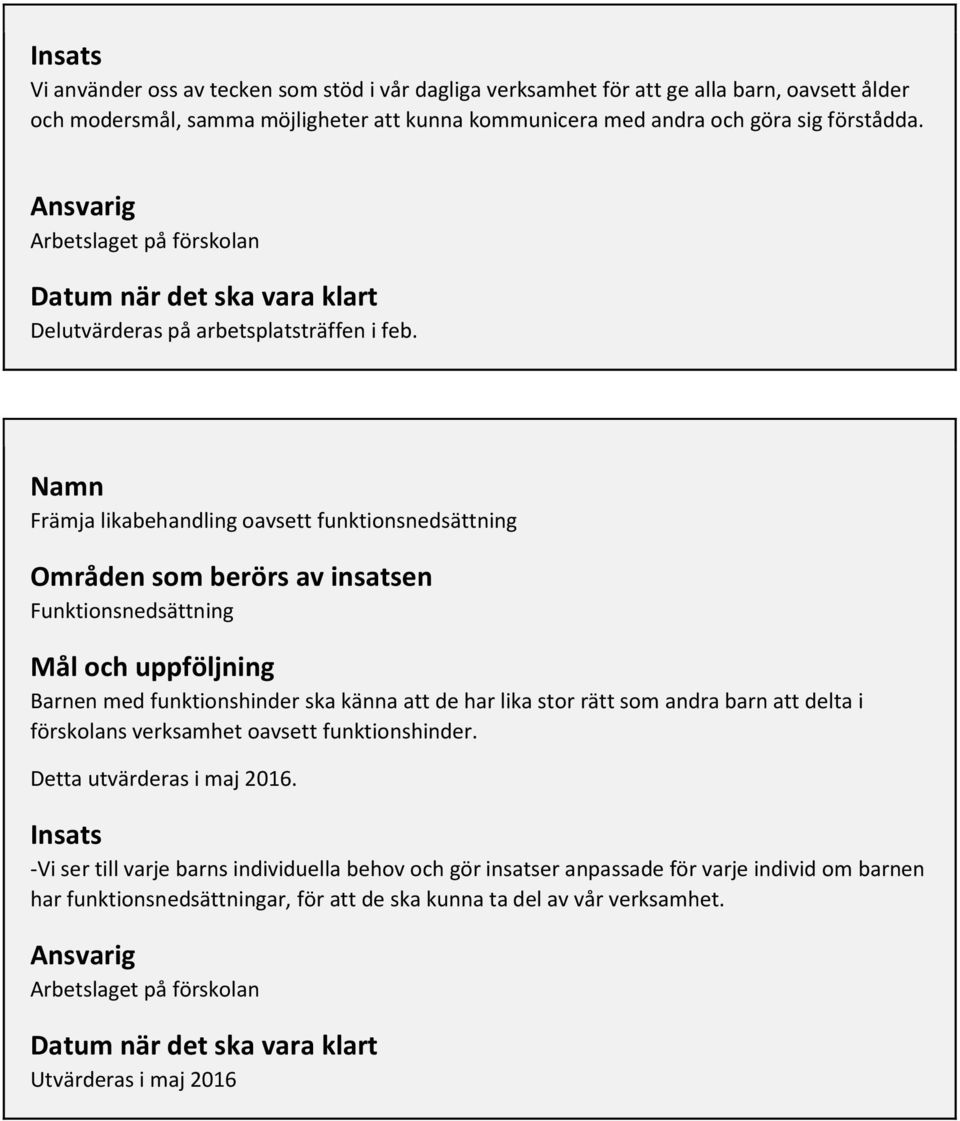 Främja likabehandling oavsett funktionsnedsättning Områden som berörs av insatsen Funktionsnedsättning Barnen med funktionshinder ska känna att de har lika stor rätt som andra