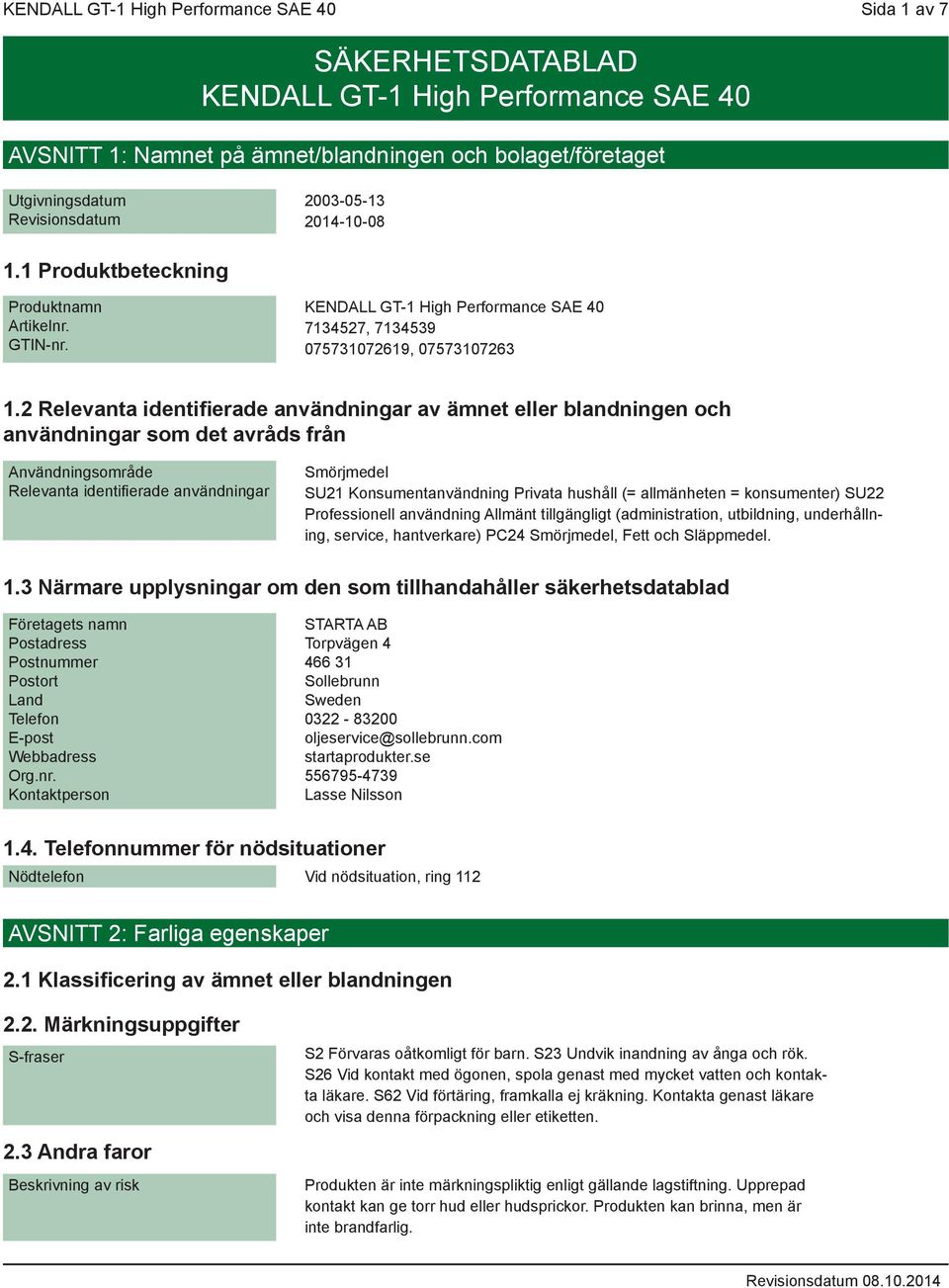 2 Relevanta identifierade användningar av ämnet eller blandningen och användningar som det avråds från Användningsområde Relevanta identifierade användningar Smörjmedel SU21 Konsumentanvändning