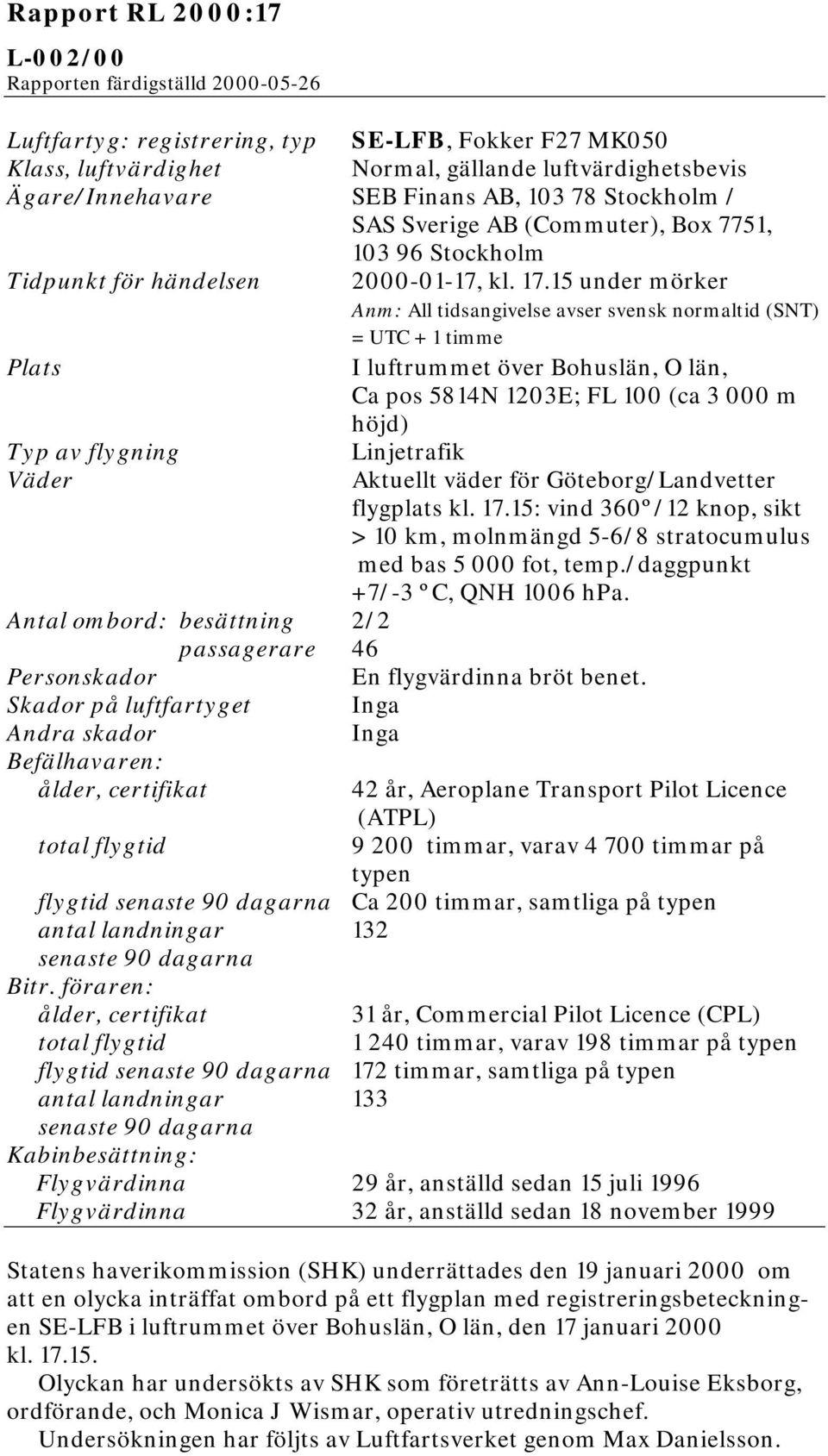 15 under mörker Anm: All tidsangivelse avser svensk normaltid (SNT) = UTC + 1 timme Plats I luftrummet över Bohuslän, O län, Ca pos 5814N 1203E; FL 100 (ca 3 000 m höjd) Typ av flygning Linjetrafik