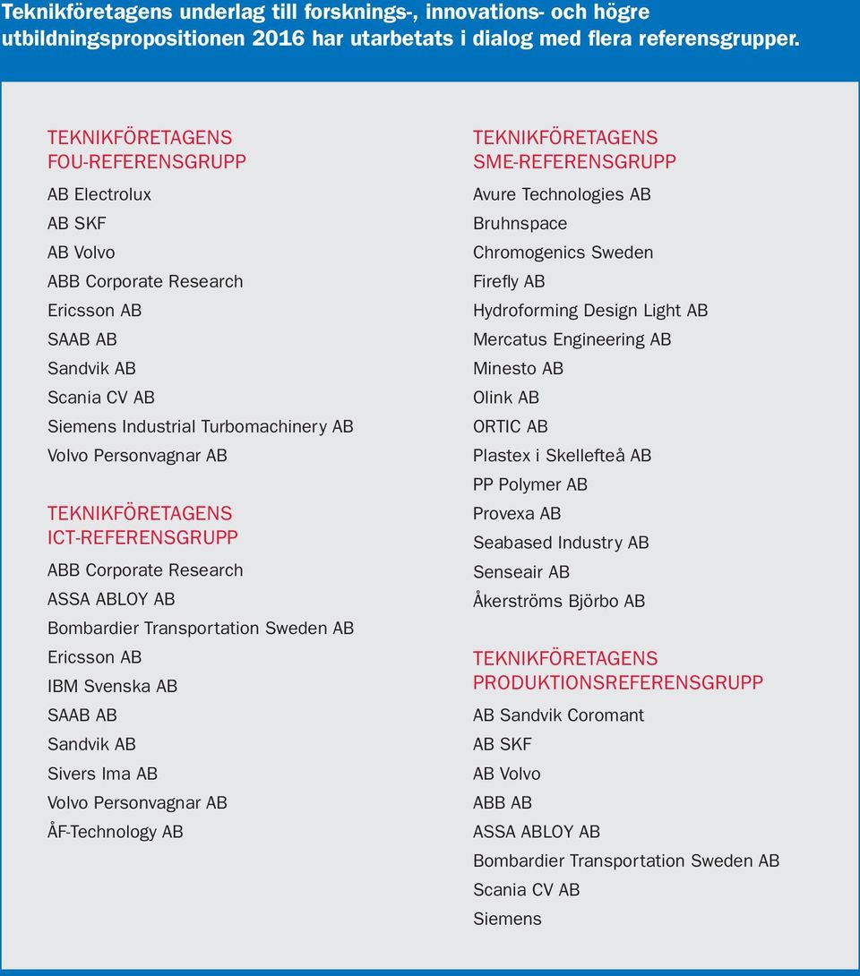 TEKNIKFÖRETAGENS ICT-REFERENSGRUPP ABB Corporate Research ASSA ABLOY AB Bombardier Transportation Sweden AB Ericsson AB IBM Svenska AB SAAB AB Sandvik AB Sivers Ima AB Volvo Personvagnar AB