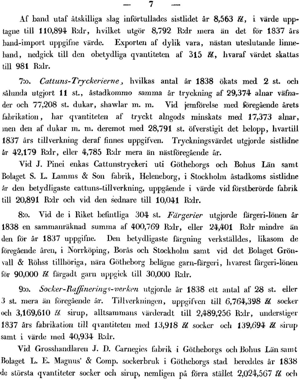 Cattuns-Tryckerierne, hvilkas antal är 1838 ökats med 2 st. och sålunda utgjort 11 st., åstadkommo samma år tryckning af 29,374 alnar väfnader och 77,208 st. dukar, shawlar m. m. Vid jemförelse med föregående årets fabrikation, liar qvantiteten af tryckt alngods minskats med 17,373 alnar, men den af dukar m.